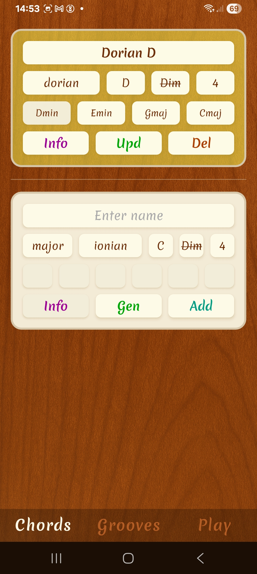Chord Groove Chords screen showing key, mode, chord count, and generated chord progression